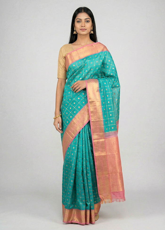 Blue Handloom Kanchipuram Pure Silk Saree With Blouse Piece