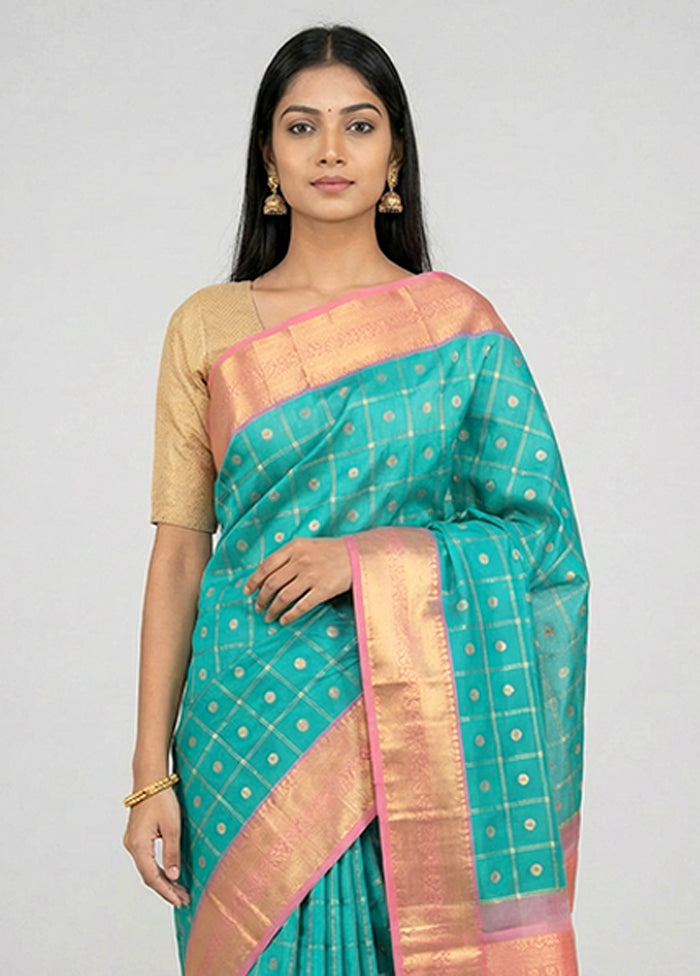 Blue Handloom Kanchipuram Pure Silk Saree With Blouse Piece