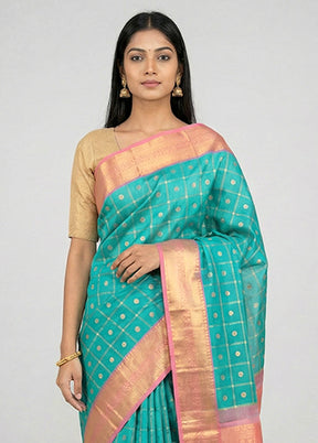 Blue Handloom Kanchipuram Pure Silk Saree With Blouse Piece