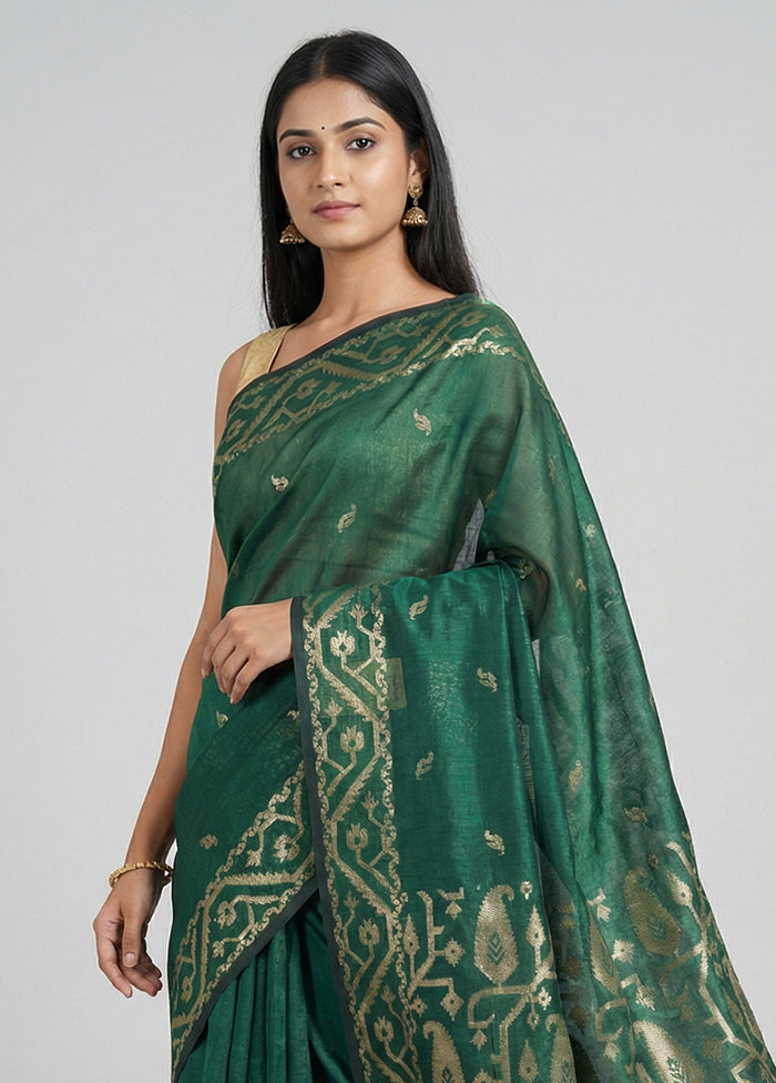 Green Dupion Silk Saree With Blouse Piece