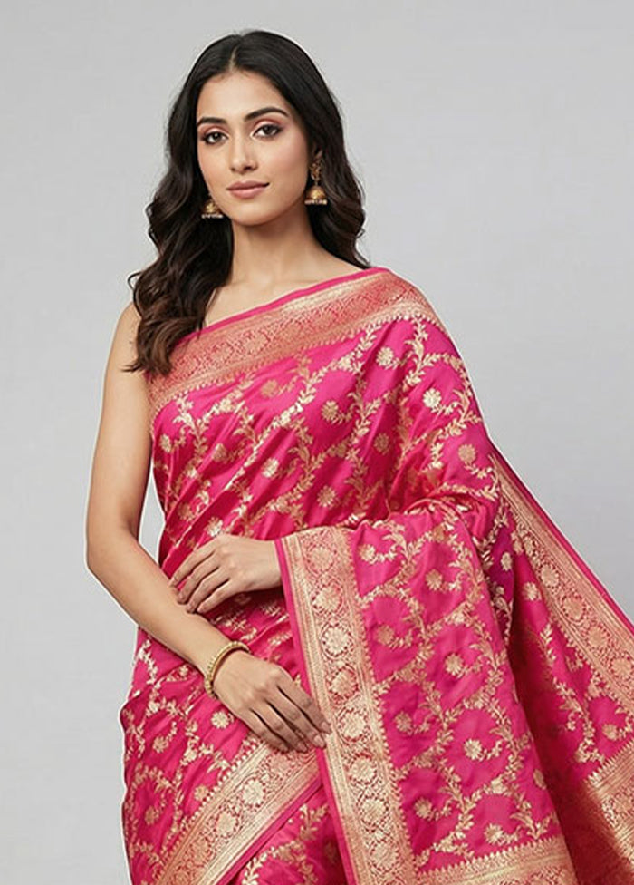 Pink Banarasi Silk Saree With Blouse Piece
