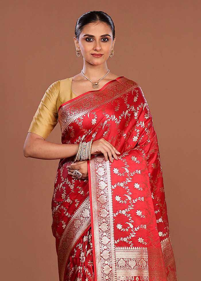 Red Banarasi Silk Saree With Blouse Piece