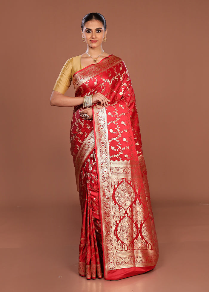 Red Banarasi Silk Saree With Blouse Piece