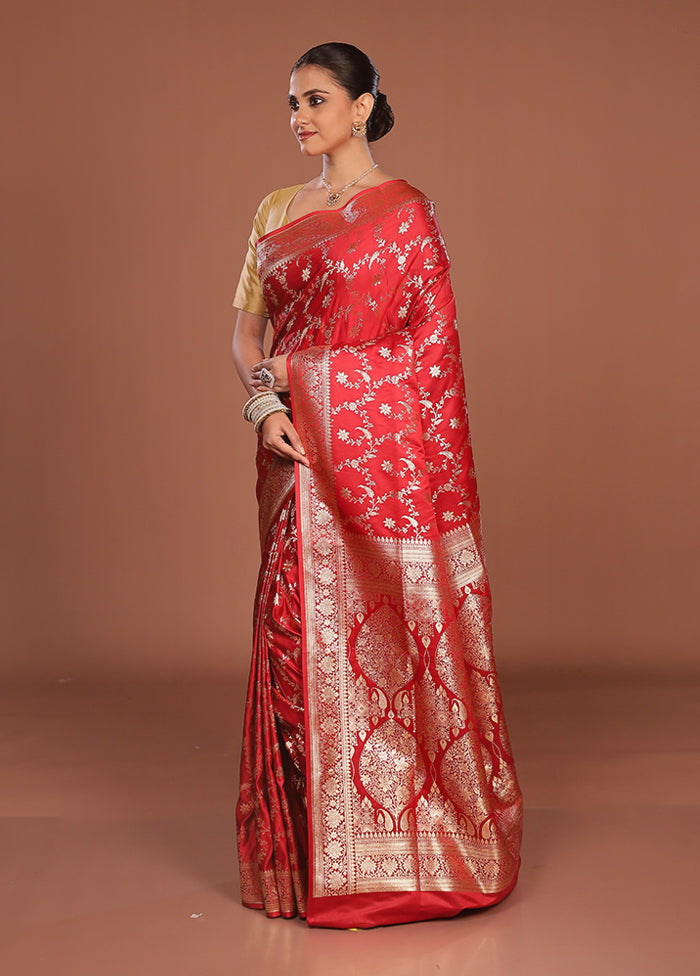 Red Banarasi Silk Saree With Blouse Piece