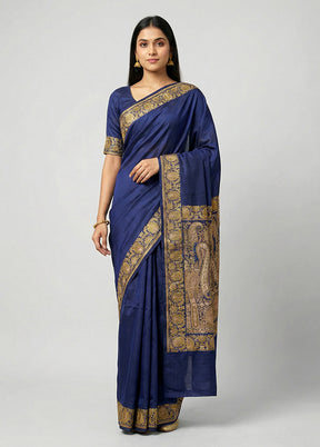 Blue Handloom Banarasi Pure Silk Saree With Blouse Piece
