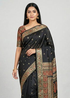Black Handloom Baluchari Pure Silk Saree With Blouse Piece
