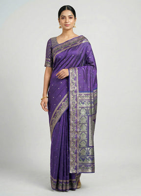 Purple Handloom Baluchari Pure Silk Saree With Blouse Piece