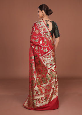 Red Handloom Banarasi Pure Silk Saree With Blouse Piece