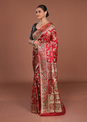 Red Handloom Banarasi Pure Silk Saree With Blouse Piece