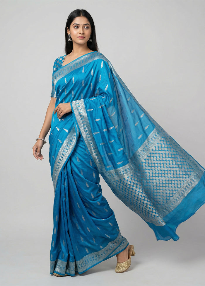 Blue Dupion Silk Saree With Blouse Piece