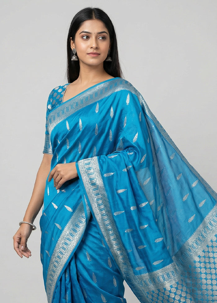 Blue Dupion Silk Saree With Blouse Piece