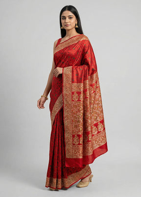Red Handloom Jamewar Pure Silk Saree With Blouse Piece