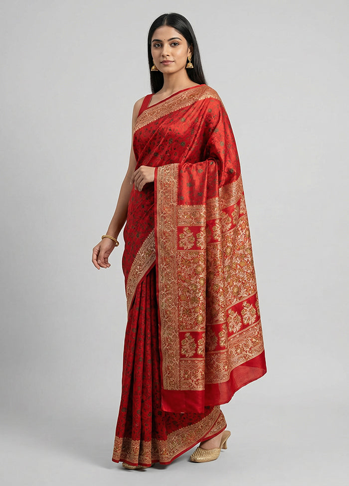 Red Handloom Jamewar Pure Silk Saree With Blouse Piece