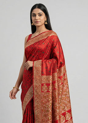 Red Handloom Jamewar Pure Silk Saree With Blouse Piece