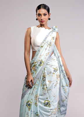 Blue Printed Silk Saree With Blouse Piece