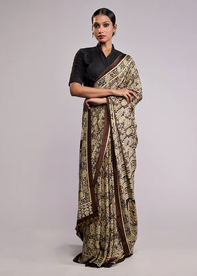 Brown Printed Silk Saree With Blouse Piece