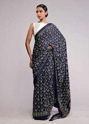 Blue Printed Silk Saree With Blouse Piece