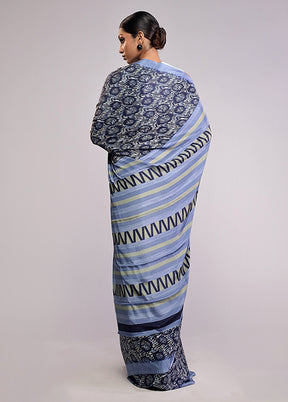 Blue Printed Silk Saree With Blouse Piece