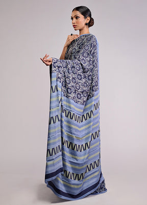 Blue Printed Silk Saree With Blouse Piece