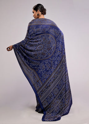 Blue Printed Silk Saree With Blouse Piece