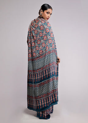 Blue Printed Silk Saree With Blouse Piece