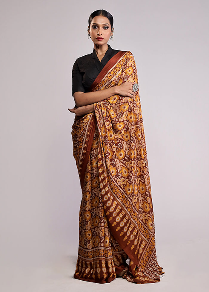 Yellow Printed Silk Saree With Blouse Piece