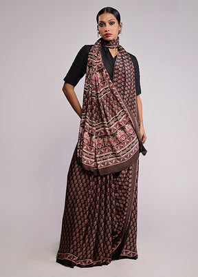 Brown Printed Silk Saree Without Blouse Piece