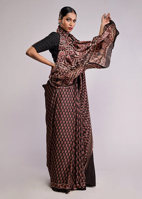 Brown Printed Silk Saree Without Blouse Piece