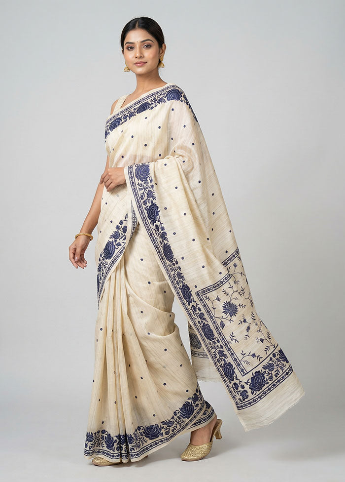 Cream Tussar Silk Saree With Blouse Piece