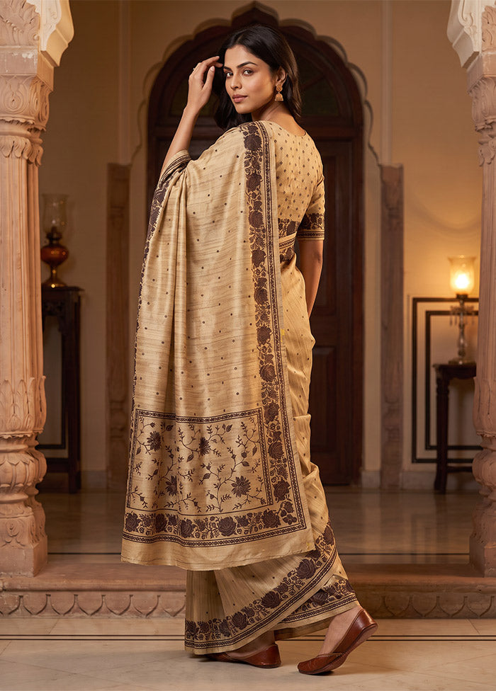 Cream Tussar Silk Saree With Blouse Piece