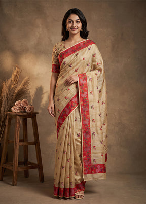 Cream Tussar Silk Saree With Blouse Piece