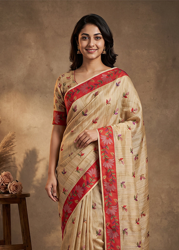 Cream Tussar Silk Saree With Blouse Piece