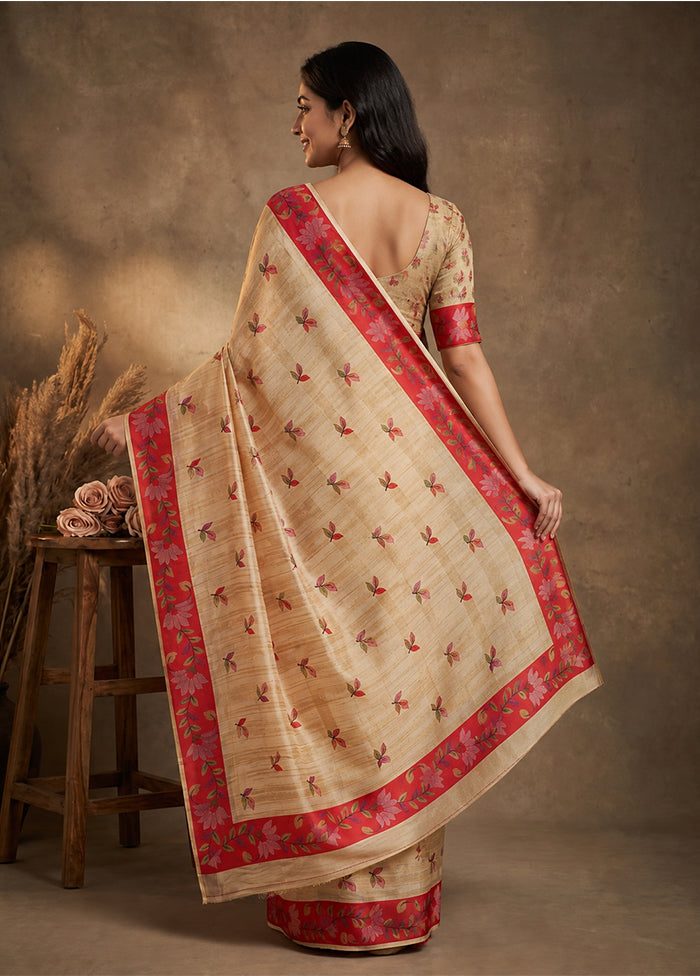Cream Tussar Silk Saree With Blouse Piece