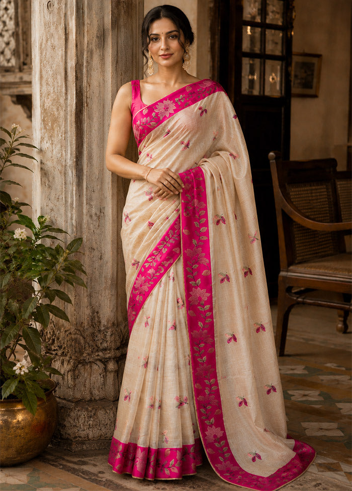 Cream Tussar Silk Saree With Blouse Piece