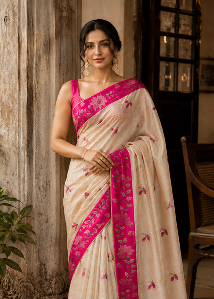 Cream Tussar Silk Saree With Blouse Piece