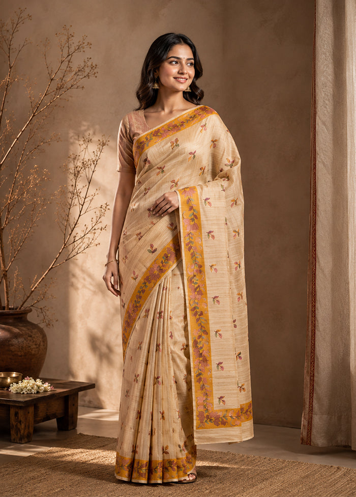 Cream Tussar Silk Saree With Blouse Piece