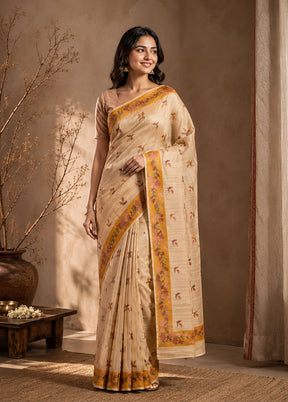 Cream Tussar Silk Saree With Blouse Piece