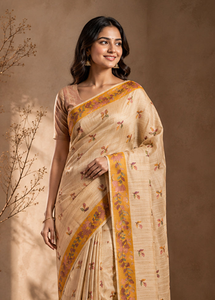 Cream Tussar Silk Saree With Blouse Piece