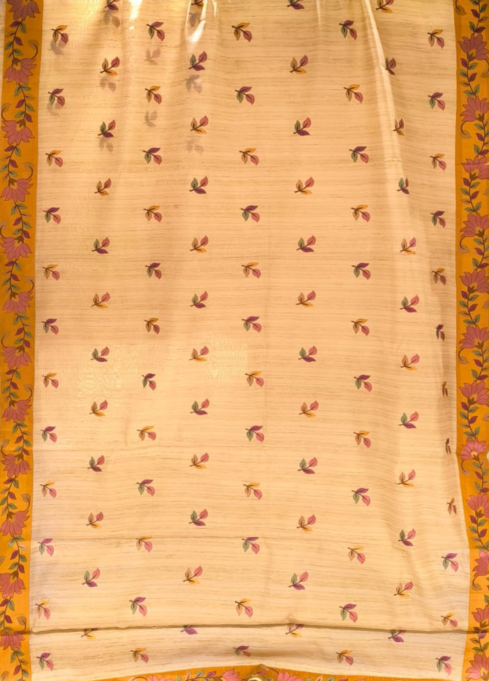 Cream Tussar Silk Saree With Blouse Piece