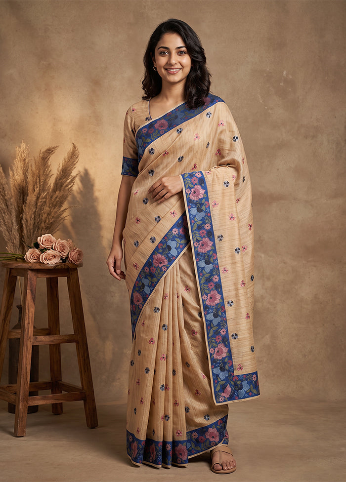 Cream Tussar Silk Saree With Blouse Piece