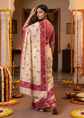 Cream Tussar Silk Saree With Blouse Piece