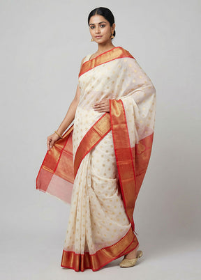 White Kora Silk Saree With Blouse Piece