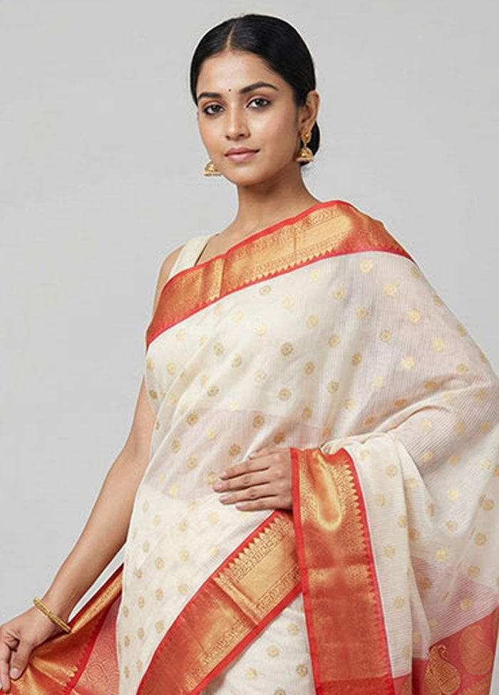 White Kora Silk Saree With Blouse Piece