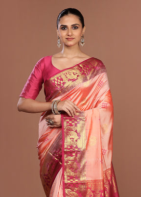 Peach Handloom Kanjivaram Pure Silk Saree With Blouse Piece