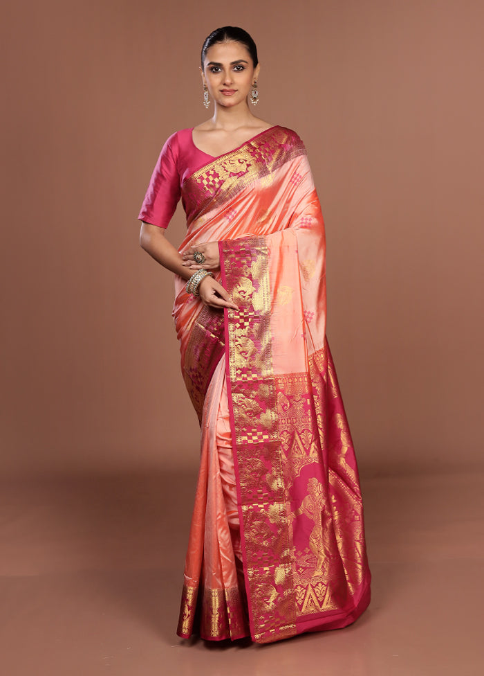 Peach Handloom Kanjivaram Pure Silk Saree With Blouse Piece