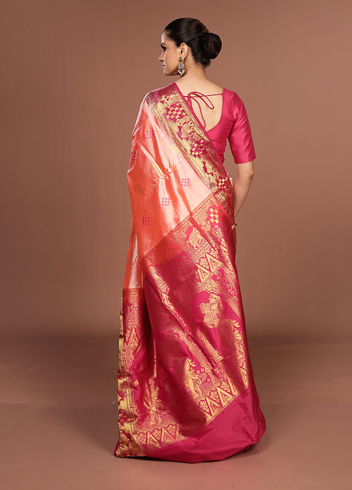 Peach Handloom Kanjivaram Pure Silk Saree With Blouse Piece