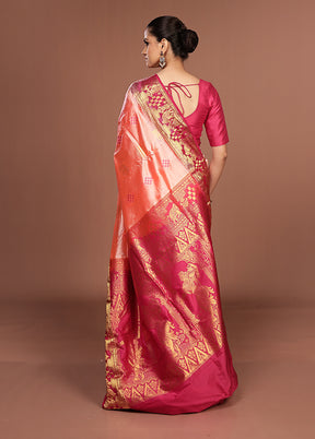 Peach Handloom Kanjivaram Pure Silk Saree With Blouse Piece