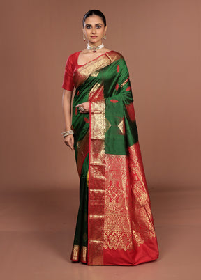 Green Handloom Kanjivaram Pure Silk Saree With Blouse Piece