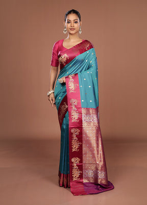 Blue Dupion Silk Saree With Blouse Piece