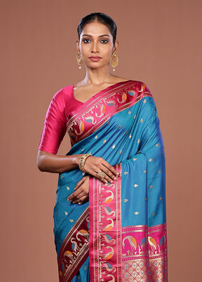 Blue Dupion Silk Saree With Blouse Piece